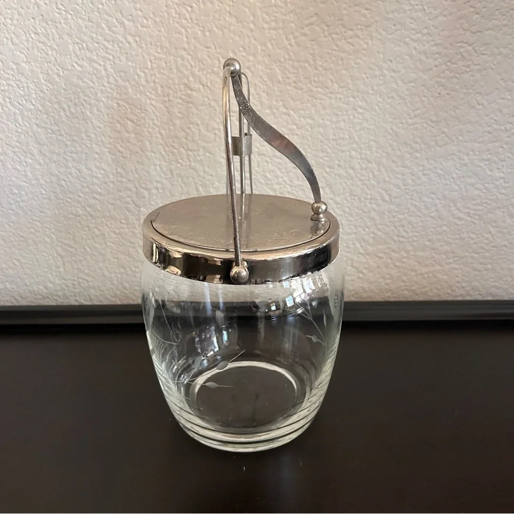 Vintage Mid-Century Modern Noritake Sasaki glass ice bucket etched floral tong